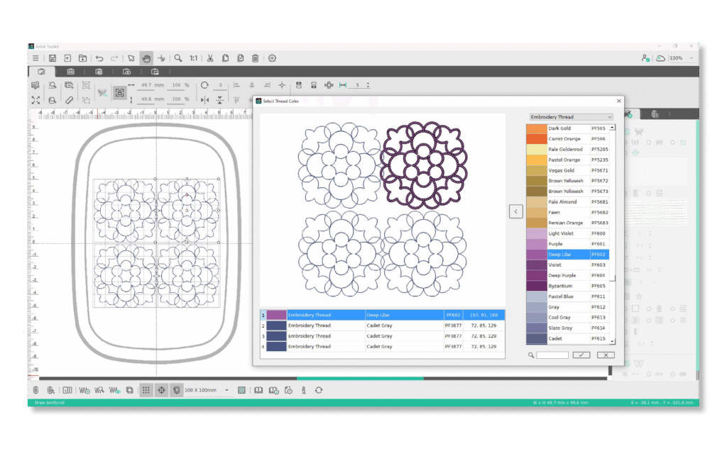 Artist Toolkit Screenshot of edit features and changing thread color
