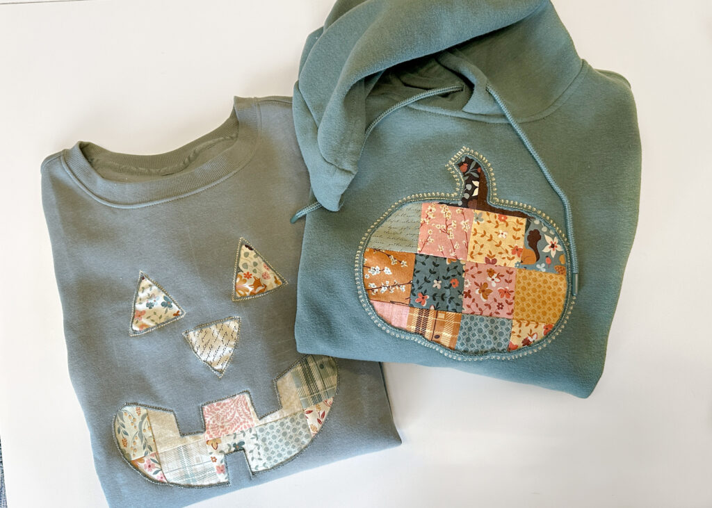 Reverse appliqué jack-o-lantern sweatshirt created with NECCHI NE210 decorative stitches